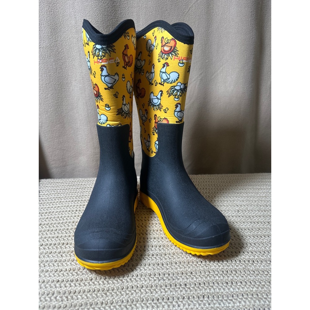 HISEA Womens Chicken Print Rain Boots Yellow Black Neoprene Rubber Size 7 EU 39